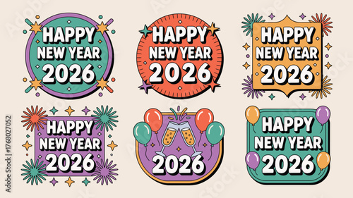 Retro Happy New Year 2026 Stickers Festive Design with Balloons and Champagne Glasses