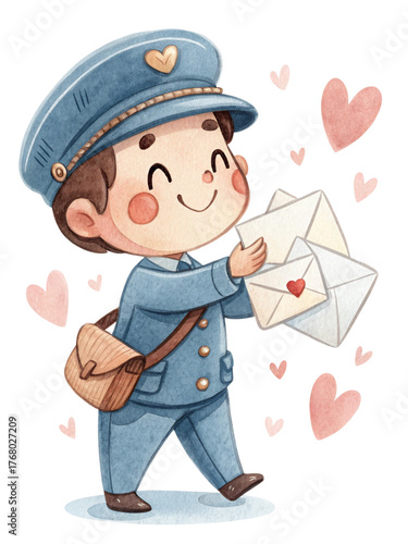 Cute Valentine Romantic Postman Watercolor Illustration
