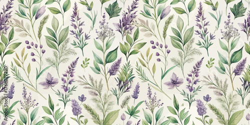 A beautiful floral pattern featuring lavender and greenery in soft purple and green tones.