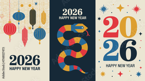 Three Happy New Year 2026 Greeting Cards Featuring Chinese Lanterns, a Snake, and Stars