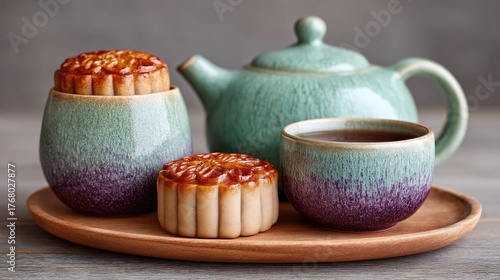 Traditional Chinese Mooncakes And Tea Set With Ceramic Teapot Cup And Container On Wooden Tray Rustic Table Background Studio Lighting