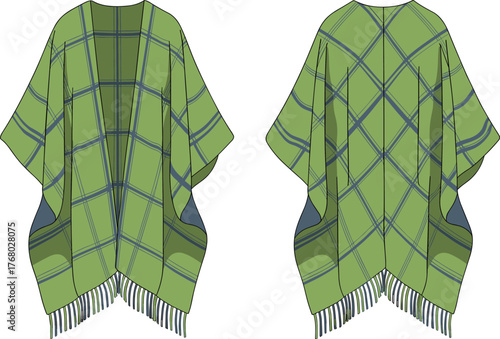 Green plaid poncho front and back view, fashion flat sketch, apparel design, clothing illustration, vector drawing