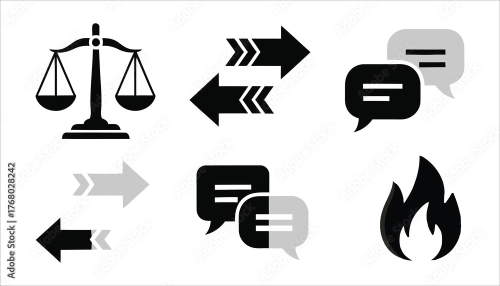 Fototapeta premium Business Communication Law Justice Warning Icons Set with vector illustration