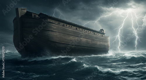 Noah's Ark on Stormy Ocean Dramatic Scene, Biblical Story Religious Concept Photography