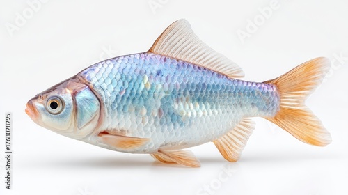 Silvery Blue Ornamental Fish With Orange Fins Detailed Scales Isolated On White Background Studio Shot