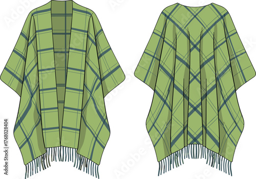 Green plaid poncho with fringe, front and back view, fashion garment design, textile pattern, clothing illustration