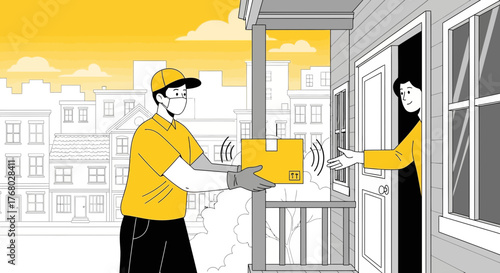 Contactless delivery with a masked courier delivering a package to a customer's door for safety