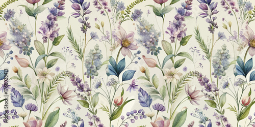Beautiful floral pattern featuring purple and pastel flowers on a soft cream background.