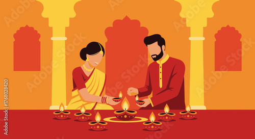 Couple celebrating Diwali by lighting diyas creating a festive ambiance with warm colors and