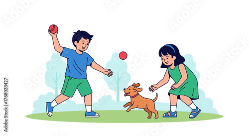 Children playing with a dog outside throwing a ball having fun on a summer day
