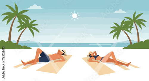 Couple enjoying a sunny day at the beach with palm trees and blue sea perfect for summer vacation