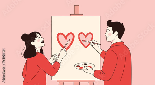 Couple painting heart shapes on canvas symbolizing love and connection between them during a date