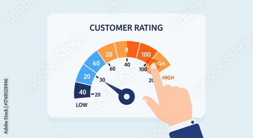 Customer Rating Gauge with Hand Pointing to High Score Illustrating Satisfaction