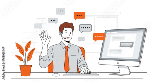 Customer service representative interacting with customers using chat interface and headset