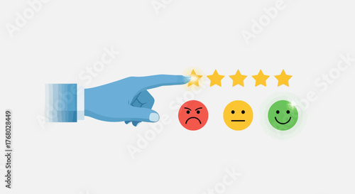 Customer feedback rating experience with hand pressing star on a scale of emotions in digital