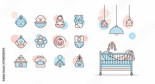 Cute Baby Icons and Nursery Scene with Baby Bed and Hanging Toys Illustration