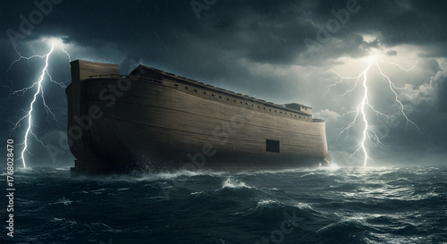 Noah's Ark on Stormy Ocean Dramatic Scene, Biblical Story Religious Concept Photography