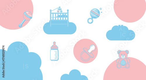 Delicate pastel illustration featuring baby elements, suitable for nursery decor and baby