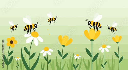 Delightful illustration of bees buzzing around colorful flowers in a vibrant meadow