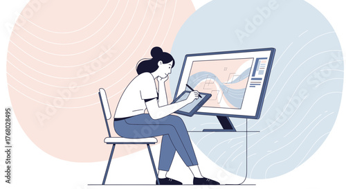 Digital artist creating artwork with pen tablet and computer in creative workspace