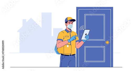 Delivery man in mask using tablet for contactless delivery during the pandemic era