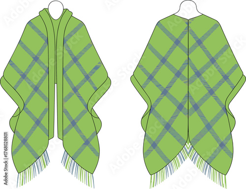 Green plaid shawl poncho with fringe, front and back view, garment fashion design, textile pattern illustration