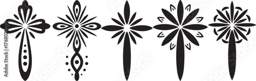 Decorative cross silhouette set in black and white, elegant religious symbol illustration with floral and ornamental design, perfect for Christian art, tattoo templates, logos, and spiritual projects