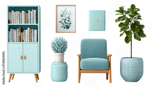 Modern Aqua Living Room Decor Elements with Plant and Stylish Furniture