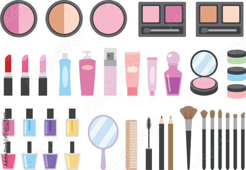 An assortment of cosmetic products including blush, eyeshadow, lipstick, lotion, nail polish, perfume, brushes, and other beauty items.