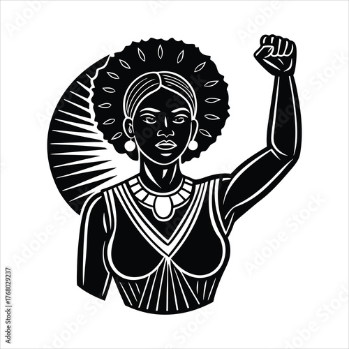 Strong black afro woman with fist raised protest
