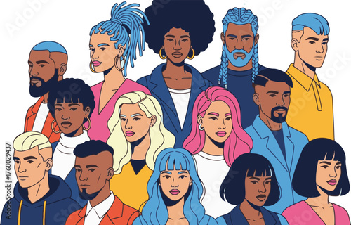 Modern Vector Illustration of Diverse People with Bold Lines and Colors