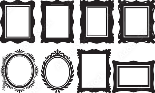 Elegant vintage picture frame set in black and white silhouette style, ornate decorative border collection for artwork, photo, poster, and gallery design, perfect for print and digital projects