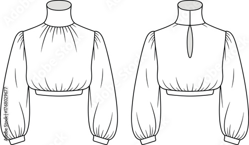 Long sleeve blouse technical flat sketch, fashion CAD drawing, vector illustration front and back garment design