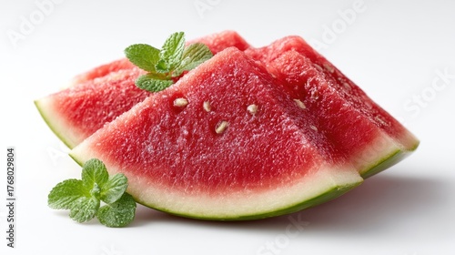 Vibrant Slices of Refreshing Watermelon Garnished with Fresh Mint Leaves and a Light Dusting of Sugar Against a Clean White Background