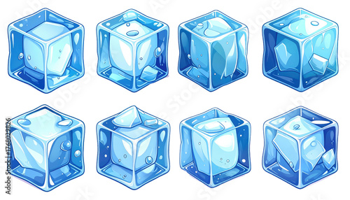 Eight cartoon ice cubes in two rows, featuring shades of blue and transparent texture on a black background
