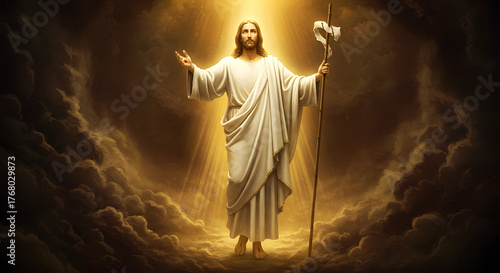 Jesus Christ Resurrection Golden Light Dramatic Portrait, Christian Faith Religious Concept Photography