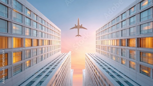 Wide Angle Architectural Shot Looking Up At An Airplane Flying Between Two Modern Glass Office Buildings at Sunset With Warm Light Glinting Off Windows