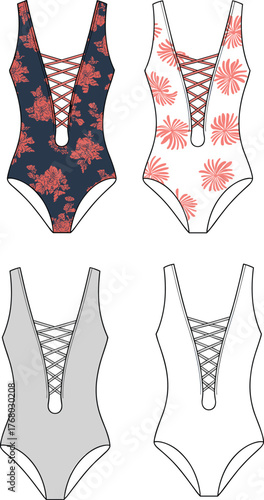 One piece swimsuit fashion flat sketch, lace up front, floral patterned design, technical apparel CAD drawing illustration