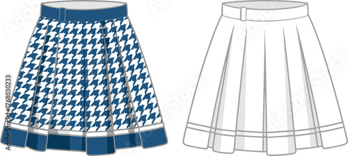 Pleated skirt fashion flat sketch, houndstooth patterned design, waistband detail, technical apparel CAD drawing vector illustration