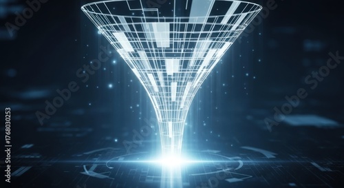 Glowing wireframe funnel structure in digital abstract space with illuminated particles futuristic circuit board elements, for data processing technology.