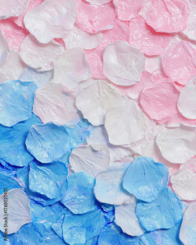 Soft pastel petals in pink, white, and blue create gentle, dreamy gradient reminiscent of spring. delicate texture and soothing colors evoke sense of calm and beauty
