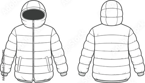 Puffer jacket flat sketch, technical drawing, quilted outerwear, hooded coat, zipper closure, winter fashion design, CAD illustration