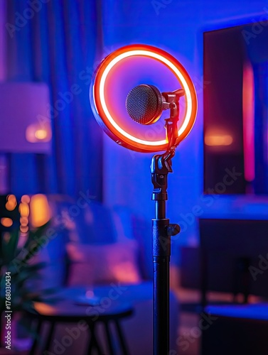 Neon Ring Light Podcast Setup for Home Studio.