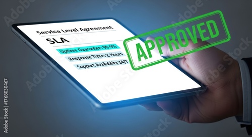 Hand holds tablet with service level agreement with approved stamp, showcasing 99.9% uptime guarantee 24/7 support for business operations.