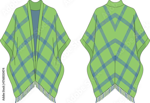 Green plaid poncho with fringe, front and back view, garment fashion design, textile pattern, clothing illustration