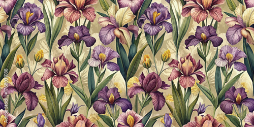 A vibrant floral pattern featuring elegant irises in rich purples and yellows, perfect for home decor.