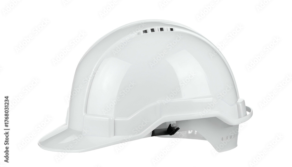 Fototapeta premium White safety helmet, slightly angled view, featuring vents, brim, and adjustable chinstrap
