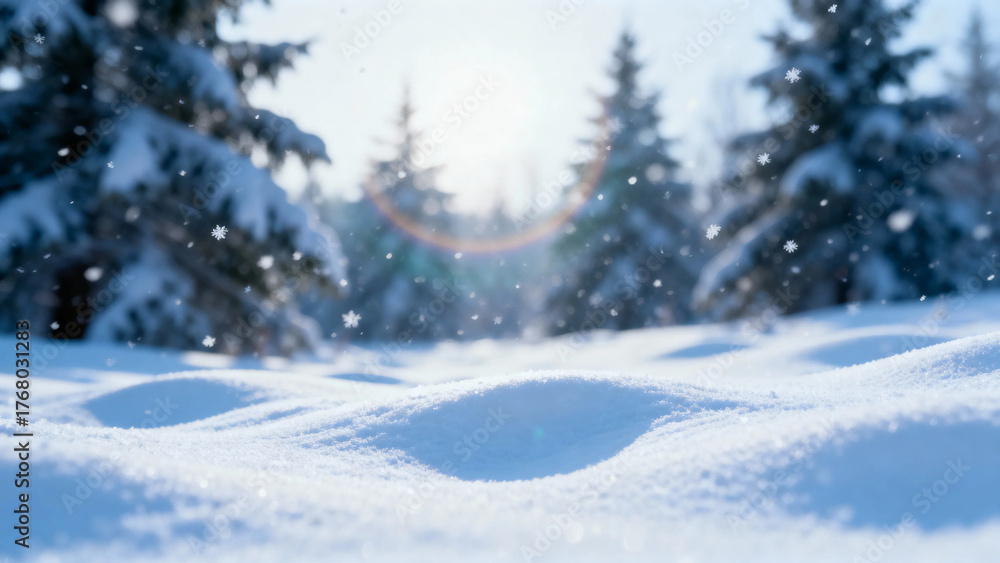 Fototapeta premium Snow-covered forest landscape with falling snowflakes and evergreen trees in winter