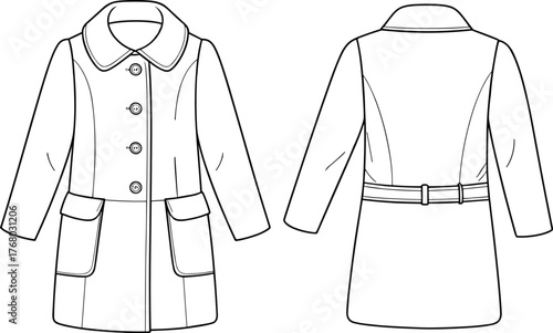 Women’s coat flat sketch, technical drawing, rounded collar, patch pockets, button closure, belt detail, apparel CAD illustration