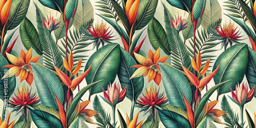 Vibrant tropical foliage and flowers showcasing nature's beauty in an intricate floral pattern.